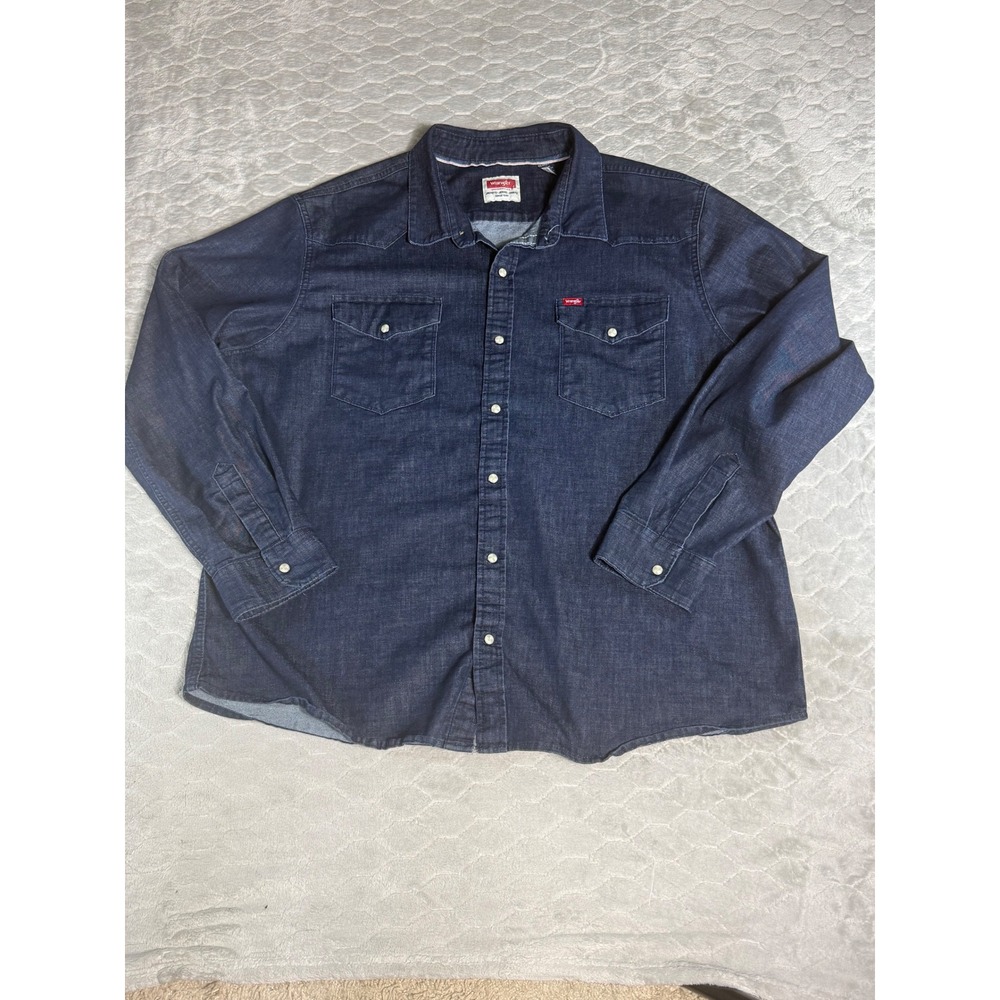 Wrangler Mens 2XL Dark Wash Denim Pearl Snap Shirt Western Cowboy Y2K Streetwear
